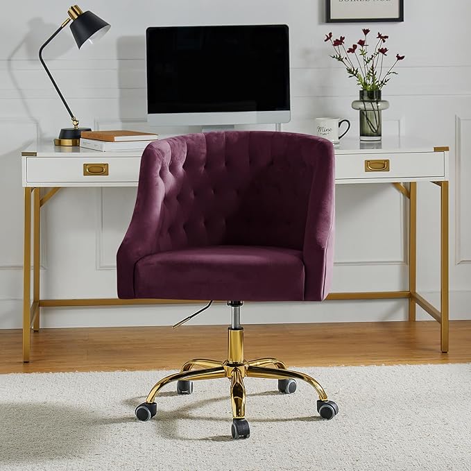 Velvet Home Office Chair with Gold Base Comfy Modern Cute Desk Chair Adjustable Swivel Task Chair for Study Living Room Bedroom Vanity Purple