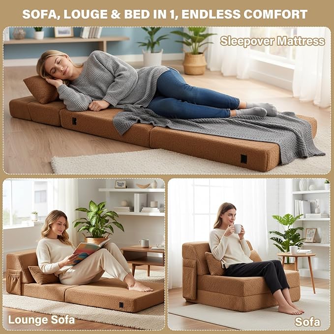 Tiita Convertible Folding Sofa Bed Single Size for Adults with Pillow Plush Fabric Floor Mattress Couch Bed Washable Cover &amp Side Pocket Guest Room Dorm Apartment Living Room Brown