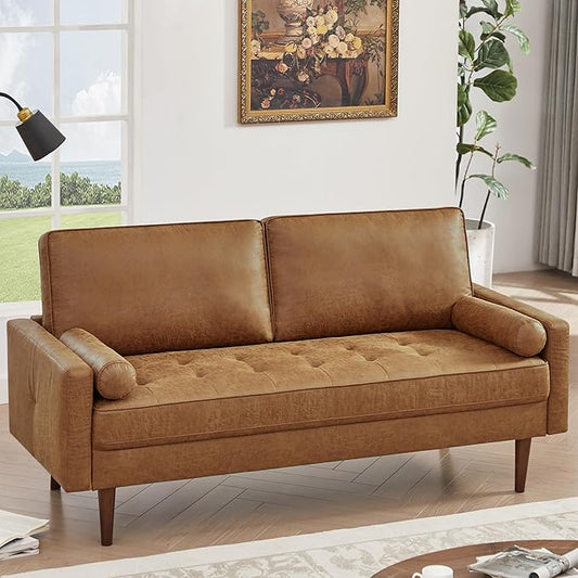 HIFIT 58 Loveseat Sofa Couch Mid Century Modern Faux Leather Couch with Hand-Sewn Deep Love Seat &amp 2Pillows Home Sofa Living Room Small Couches for Small SpaceBedroomOfficeSolid Wood FrameB