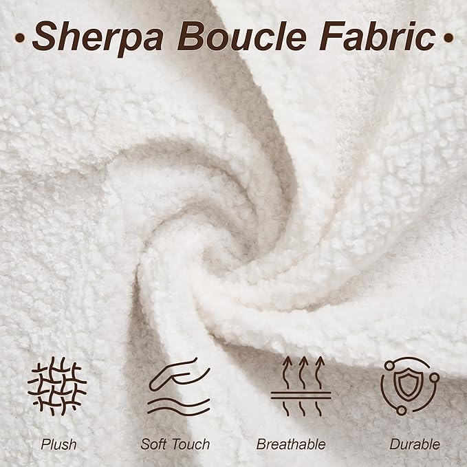 28.7 Sherpa Boucle Ottoman with Solid Wood Legs Modern Upholstered Footstool Comfy Ottoman for Living Room Bedroom White