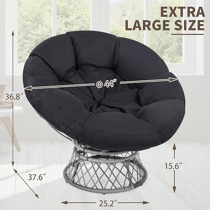 46 Giant Oversized Rattan Papasan Chair with Cushion and Frame for Adults Fluid 360° Swivel Waterproof Grey Frame with Black Cushion