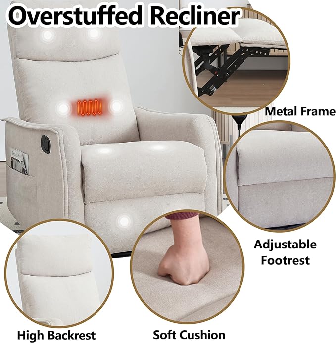 Massage Chair Recliner with Heat Swivel Rocking Chair Recliner with High Back Manual Lazy Boy Recliners for AdultsSmall Recliner Chair for Small Spaces Living Room Bedroom Fabric (Beige)