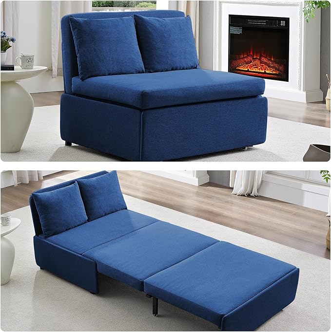 Mjkone 43 Width Twin Size Sleeper Sofa Bed 2-in-1 Modern Convertible Linen Sofa Sleeper Pull Out Couch Bed with Cushions &amp Throw Pillows for Living Room Home Office Small Place Blue