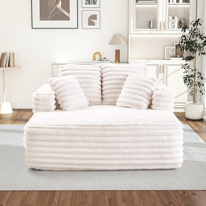 Chaise Lounge Chair Indoor Comfy Corduroy Plush Fluffy Foam Floor Compression Sofa Chair Leisure Reading Single Sleeper Chaise Chair for Living Room Bedroom Office Pillows Included (Beige)