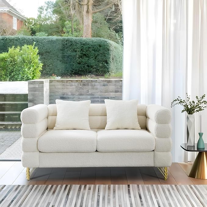 60 W Teddy White Loveseat Sofa Couch with Firm Strcuture &amp Thicken Sponge Comfy Love Seat Couches Sleeper for Living Room Bedroom Small Spaces Mid-Century Modern Furniture