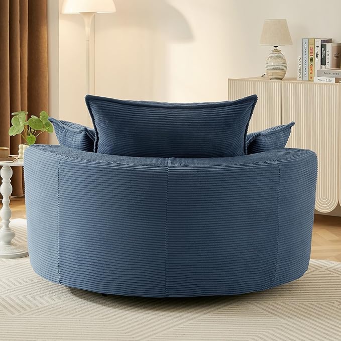 360° Swivel Sofa Chair Accent Barrel Chair 57.5 Swivel Round Chair with Dual-Layer Cushion Design and 3 Removable Pillows for Living Room Bedroom Office and Hotel (Blue)