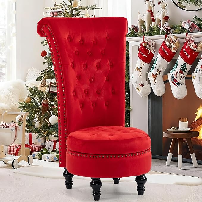 Throne Royal Chair High Back Velvet Accent Chair with Hidden Storage Button Tufted Vintage Armless Chair for Living Room Bedroom Office Red