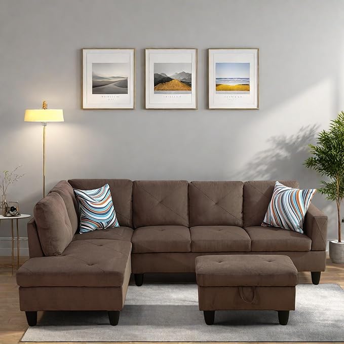 FONTOI L Shaped Sectional Couches Modern Modular Sectional Sofa for Living Room Bedroom Furniture Comfy 4 Seat Couch with Ottoman Storage &amp Chaise Brown