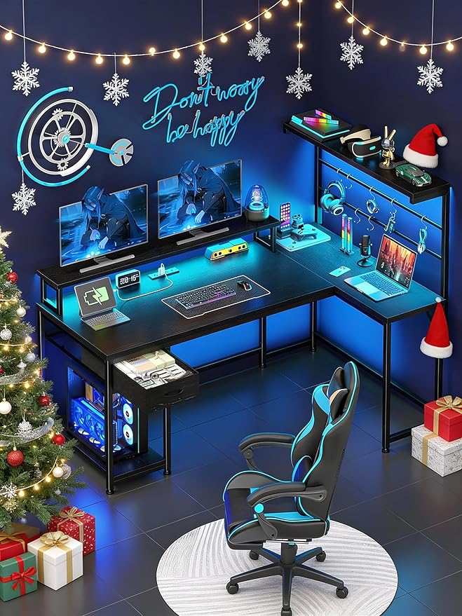 EnHomee 52.2'' Gaming Desk with LED Lights &amp Fabric Drawer L Shaped Computer Desk with Ergonomic Monitor Stand Reversible Office Desk with Hutch &amp Power OutletCorner Desk with HooksBlack