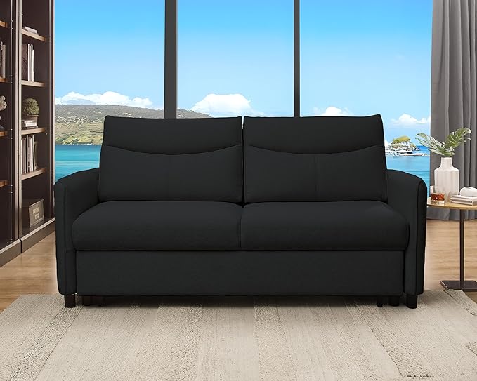 THSUPER 75‘’ Queen Size Sofa Bed Loveseat Sleeper Sofa with Pull Out Bed Convertible Small Sleeper Couch Bed for Living Room/RV/Apartment (Black) | 3 in 1 sofa bed adjustable backrest