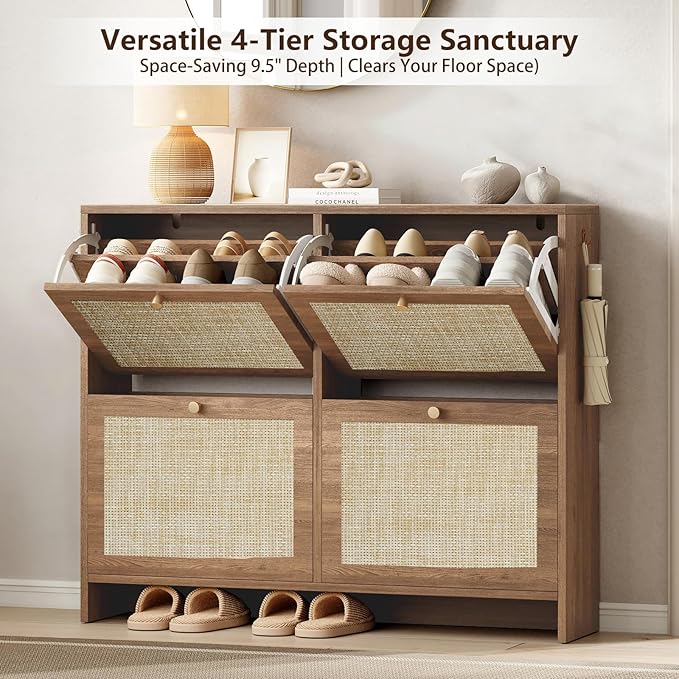 Nicetree Shoe Cabinet Storage for Entryway 4-Flip Drawer Narrow Shoe Rack Organic Modern Rattan Shoe Organizer with Gold Legs Shoe Organizer Fits Men's Size 13.5 Toasted Caramel Walnut