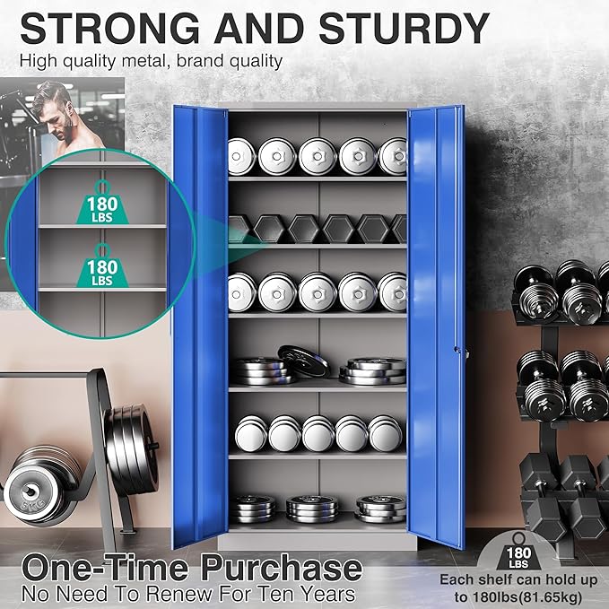 Metal Cabinet with 5 Adjustable Shelves6 Tier Garage Storage Cabinet with LockGray Blue Metal Storage Cabinet with Locking DoorsSteel Cabinets71 Lockable Storage Cabinets for HomeOfficeGarage