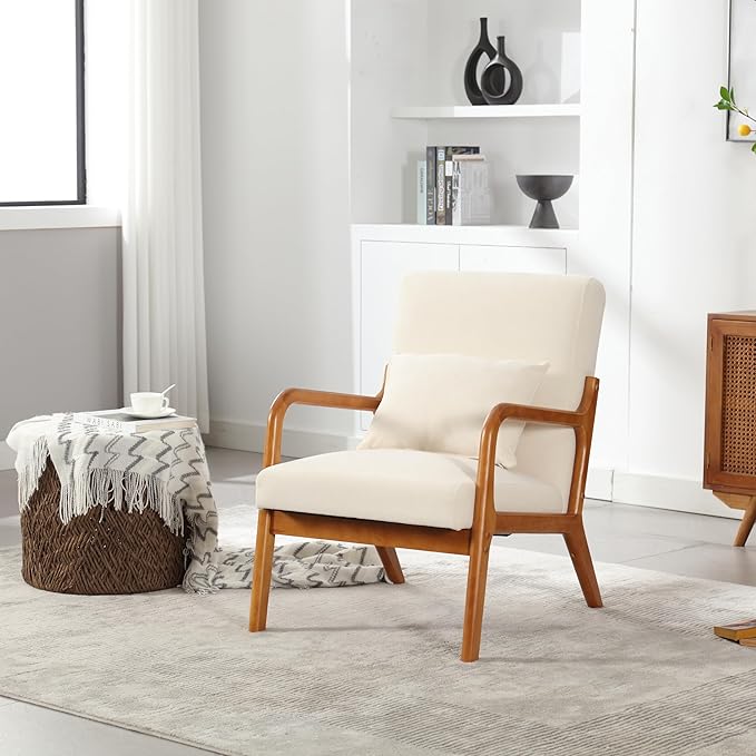 Modern Accent Chair Solid Wood Padding Lounge Armchairs with One Pillow for Living Room Bedroom Guest Room (Beige)