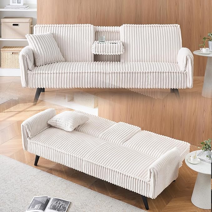Convertible Folding Futon Sofa Bed with Metal Legs &amp 2 Cupholders Modern New Upholstered Couch Loveseat Sleeper Folding Couches Bed Removable Armrests for Small Spaces (White New)