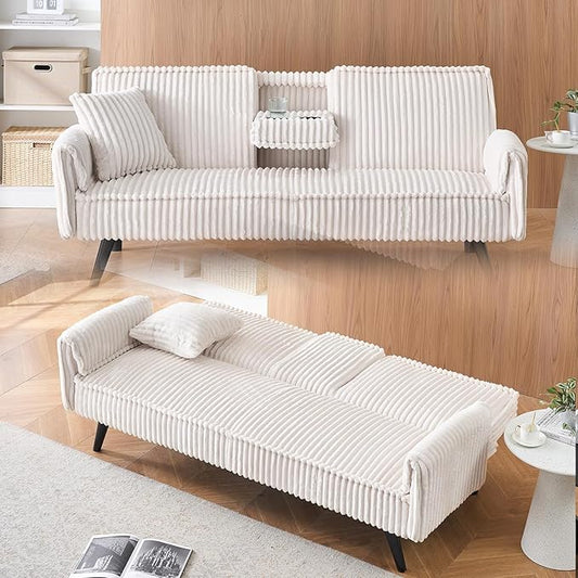 Futon Sofa Bed Modern Folding Couch for Small Space 72'' Corduroy Convertible Loveseat Sleeper Bed Daybed Recliner Lounge Sofas for Living Room2 Cup HoldersMetal LegsRemovable Armrests (White I)