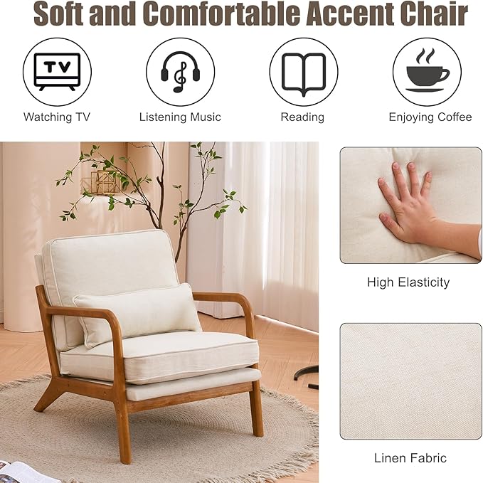 Mid Century Modern Accent Chair with Wood Frame Upholstered Lounge Linen Fabric Armchair Comfy Reading Leisure Chair with Cushion for Living Room Bedroom Balcony Beige