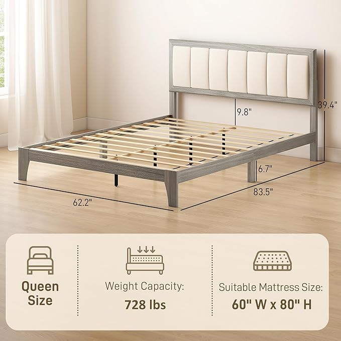 HOMCOM Queen Size Bed Frame with Upholstered Headboard Platform Bed Frame with Wooden Slats No Box Spring Needed Easy Assembly Gray