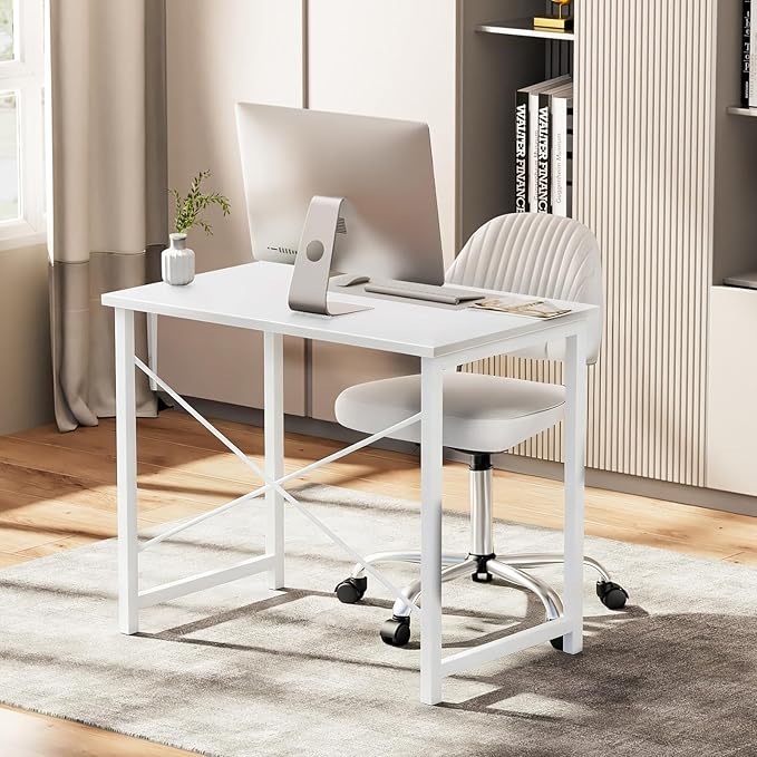 Sweetcrispy Computer Small Desk 32 Inch Office Writing Work Study Student Home Bedroom Table with Metal Frame Wooden Tabletop No Wheels - White Wood