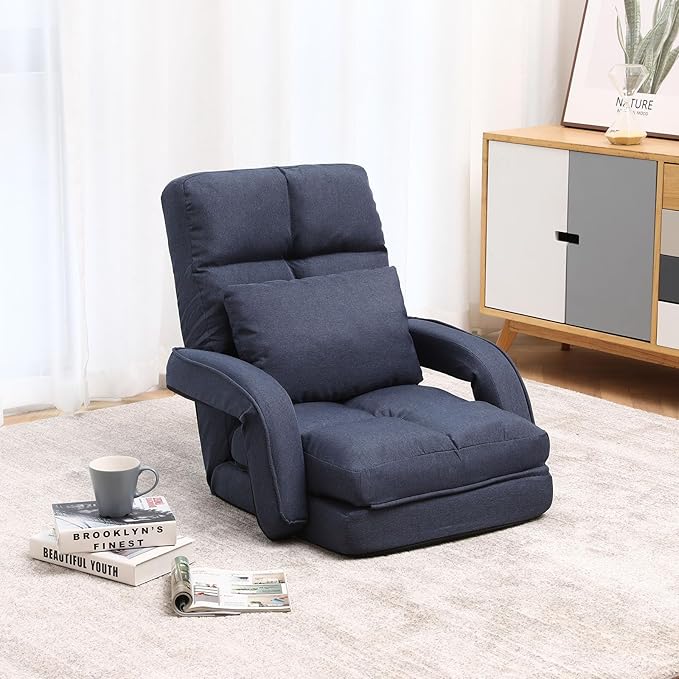 Indoor Floor Chair with Armrest and Pillow Folding Chaise Lounge Sofa 14-Position Adjustable Comfy Gaming Recliner Chair Padded Seats for Adults (Blue)