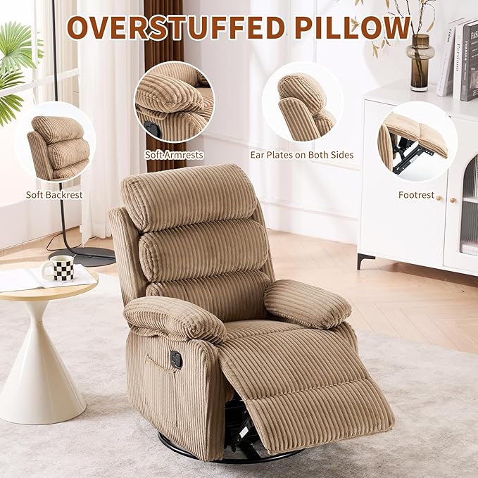Velvet Upholstered Glider Recliner Chair – 360° Swivel Rocker Chair for Adults Small Rocking Chair for Small Spaces Soft Fabric Recliner Chair with Side Pockets Comfortable Nursery ChairBrwon
