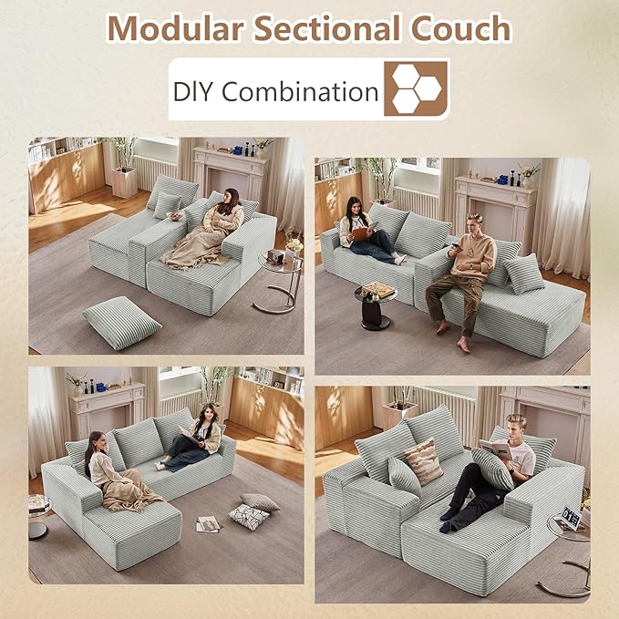 96 Modular Sectional Sofa Modern Corduroy Cloud Couch with Deep Seat Boneless Couch Upholstered 3-Seater L-Shaped Sofa for Living Room No Assembly Required (Light Gray Left-Facing Chaise)