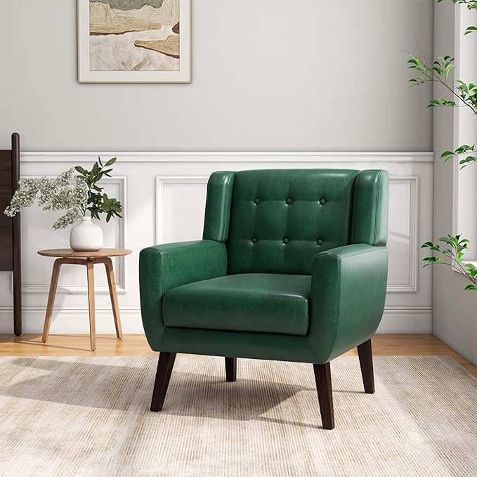 Accent Chair Mid-Century Modern PU Leather Chairs with Arms for Living Room Comfy Upholstered Club Single Sofa Armchair for Bedroom Waiting Room with Solid Wood Frame（Leather Green Set of 2)
