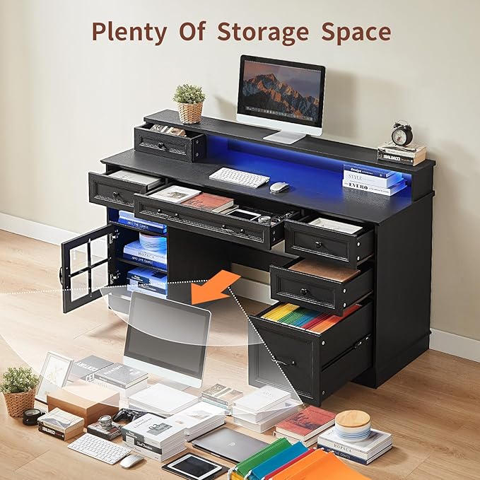 Farmhouse Executive Desk with Drawers Computer Desk with File Drawers Power Outlet and Led Lights Executive Office Desk with Storage Cabinet and Monitor Shelf for Home Office Black