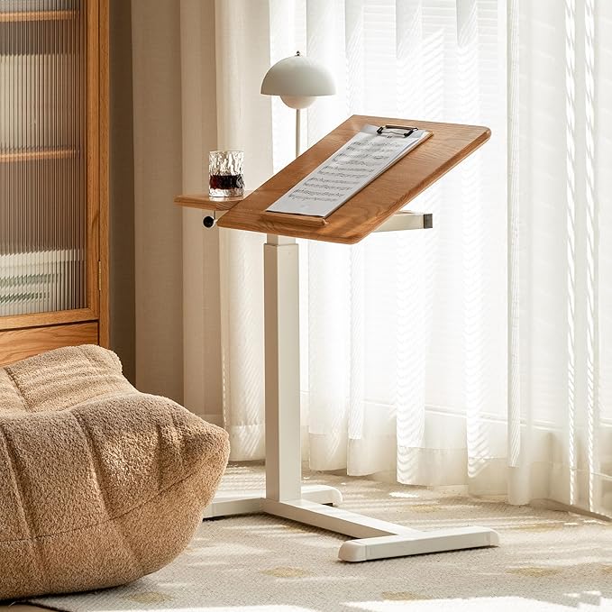 Height Adjustable Bedside Desk 100% Solid Wood Overbed Table with Wheels Rolling Laptop Table for Home Office Study Bedroom