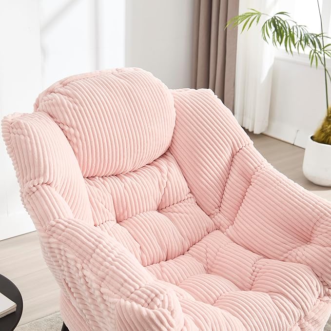 31.5 Lazy Chair1 OttomanLeisure Upholstered Sofa ChairModern Reading ChairLounge Accent Chair with Side Pocket for Small ApartmentLiving RoomBedroomOfficePink