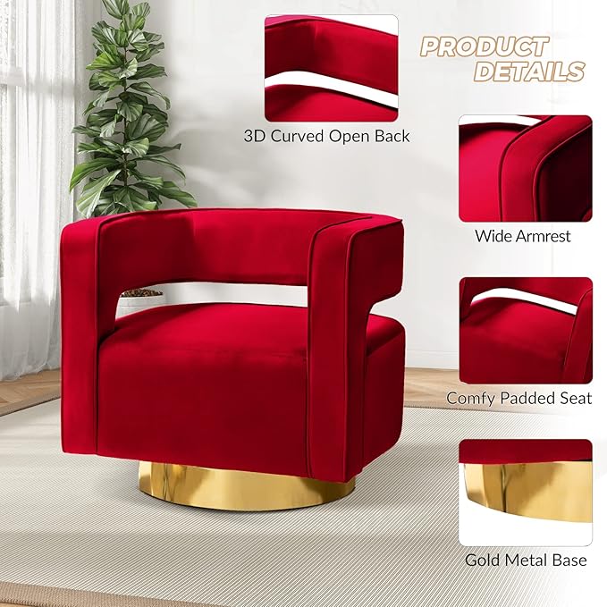 TINA'S HOME Swivel Accent Barrel Chair Modern Velvet Armchair with 3D Curved Open Back &amp Swivel Gold Metal Base Upholstered Club Chair for Living Room Bedroom Nursery Red(No Assembly Required)