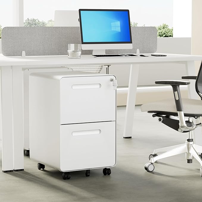 File Cabinet Mobile Filing Cabinet with Lock All Steel Structure Printer Stand Fully Assembled Except Casters Under Desk Storage for Home Office 2 Drawers Document Organizer White