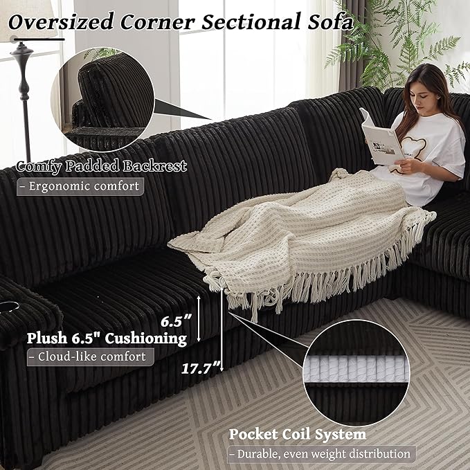 Black Sectional Couches for Living Room Oversized Corduroy Couch Large L-Shaped Corner Couch with Storage Armrests USB Charging &amp Cup Holder 5 Seater Modular Sectional Sofa (Black)