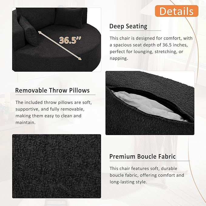 360° Swivel Chair Accent Chair with 3 Removable Pillows Modern Chenille Fabric Barrel Chair Swivel Round Sofa Chair for Living Room Bedroom Office and Hotel
