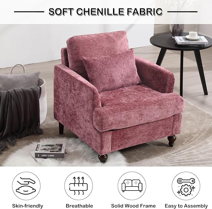 Chenille Sofas Couch for Living Room 29.5’’ Mid Century Modern Single Sofa Chair Small Cloud Couch with Deep Seats Comfy Accent Armchair for Living Room Apartment Bedroom Wine Red