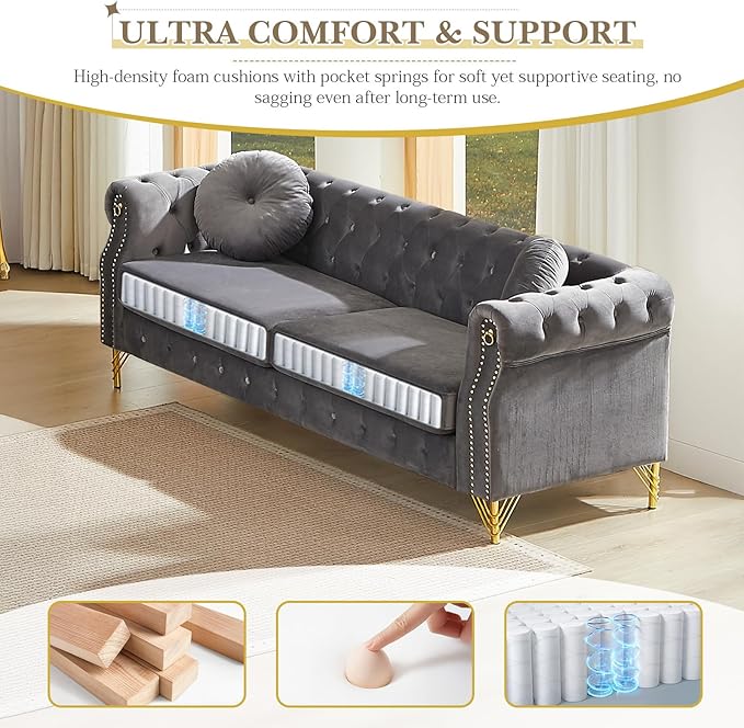 82 Comfy Chesterfield Sofa with Rolled Arms &amp Pillows 3 Seater Retro Velvet Couch Mid Century Modern Love Seat with Gold Trim and Legs Soft Deep Seat Tufted Couches for Living Room (Grey)