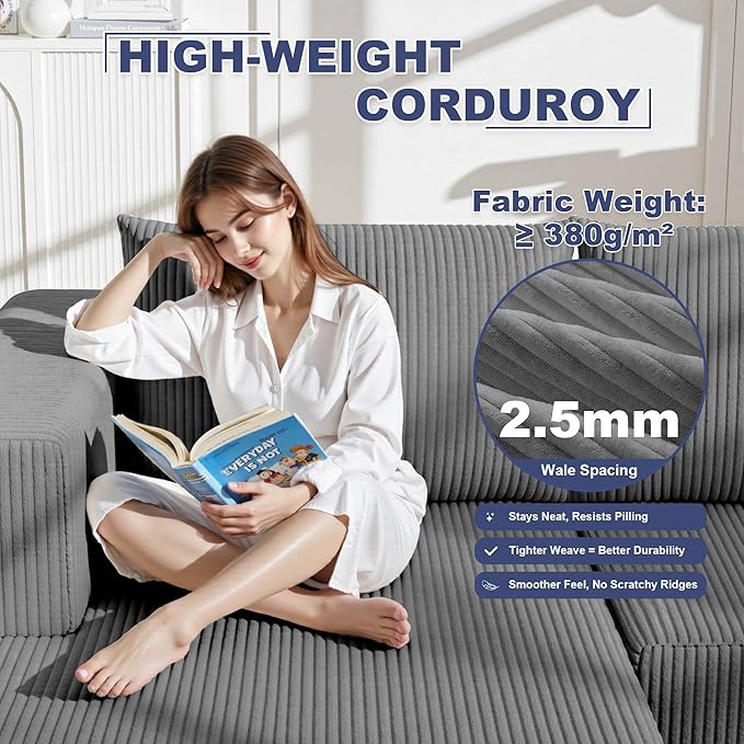 138 Boneless Couches for Living Room Modular Cloud Couch Sofa - 4 Pieces L Shap Corduroy Sectional Sofa Fluffy Memory Foam Sleeper Sofa Furniture No Assembly Wide Armrest Grey
