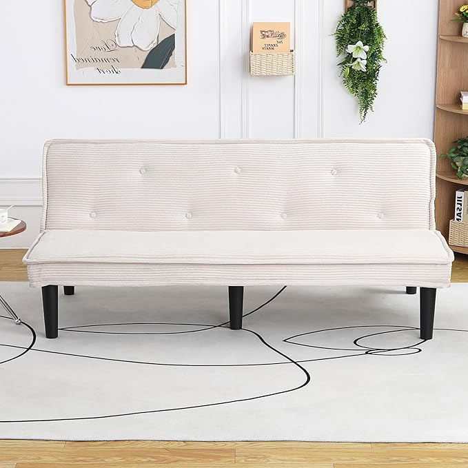 66” Armless Corduroy Sofa Bed 2-in-1 Convertible Sleeper Sofa with Tufted Back Soft Skin-Friendly Fabric Small Futon for Apartments Living Room Bedroom (White)