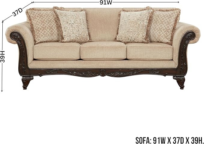 Hernen Carved Wood Frame Sofa Beige Wheat