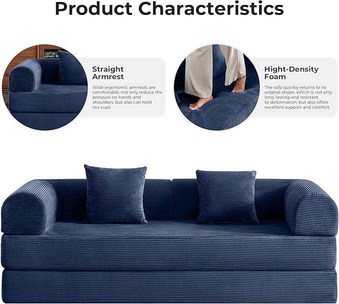 5-in-1 Convertible Cloud Sofa Bed | 79 High-Density Foam with Plush Seat &amp Straight Armrests | No-Assembly Folding Bed for Small Space Living Room Apartment (Navy Blue)