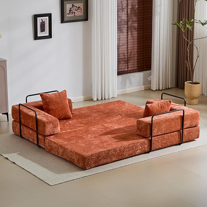 Convertible Couch Sofa Bed Foldable Floor Sleeper | Modern Fold Out Couch | Removable Backrest &amp Armrests | No Assembly Compression Sofa Sleeper for Living Room Bedroom | Orange Chenille