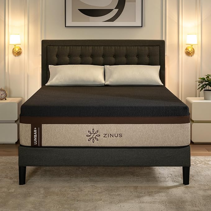 Zinus Lumbar+ Premium 14 Inch Memory Foam Mattress Lumbar Support Targeted Pressure Relief Cooling Gel and Green Tea Cool-to-The-Touch Cover Medium Firm Feel CertiPUR US Certified Queen
