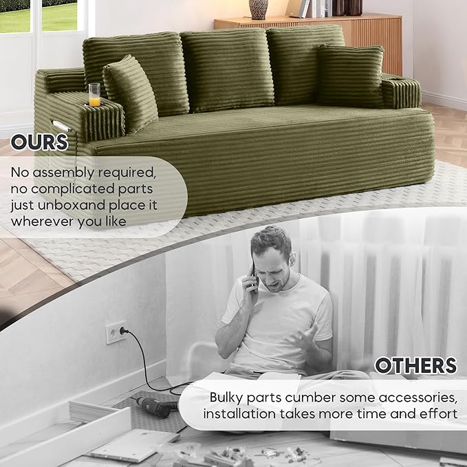 86.2'' Boneless Sofa Couch with Cup Holders &amp Side Pockets Modern Corduroy Fabric Upholstered 3-seat Couch with 2 Throw Pillows for Living Room Office No Assembly (Green)
