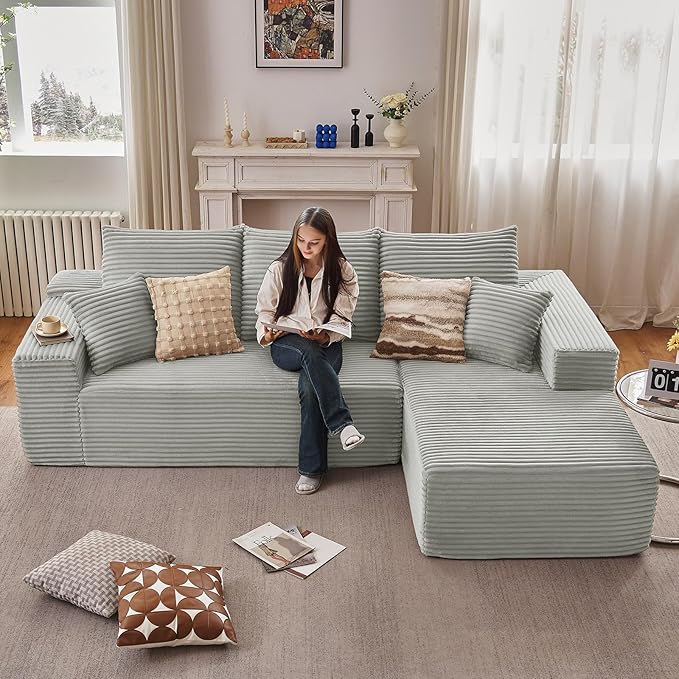 107 Cloud Sectional Couch with L-Shape Chaise Modern Modular Comfy Sofa Chaise Longue Upholstered Corduroy Couches Sleeper with Deep Seat for Living Room Bedroom No Assembly Required Grey