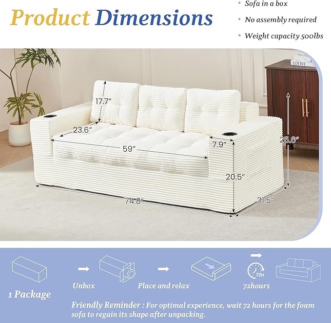 HOMREST Boneless Couch for Living Room 75 3-Seater Sofa w/ 61 Bean Bag Chair Upholstered Cloud Sofa with Cup Holder No Assembly Couch Compressed Floor Sofa for Bedroom Dorm Apartment Beige