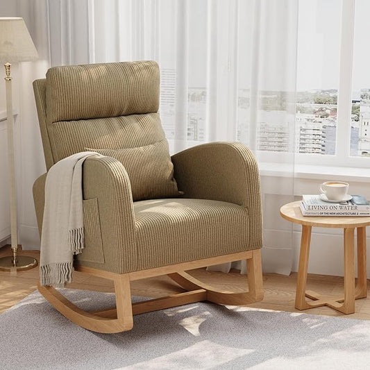 GarveeHome Corduroy Rocking Chair Modern Nursery Glider Chair with Side Pockets and Pillow Rocker Chair for Living Room Bedroom Nursing Room Brown