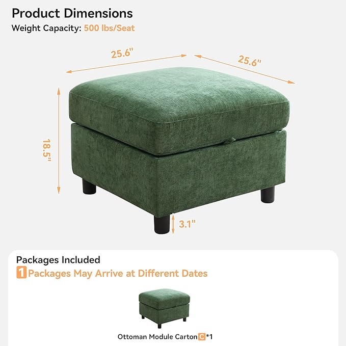 25”Square Storage Ottoman Module for Modular Sectional Sofa Living Room Coffee Table Sectional Ottoman Footrest for Convertible Couch Chenille Dark Green