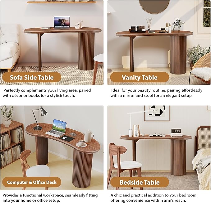 LEVNARY 54.3 Curved Small Computer Desk Wooden Executive Desk with Sturdy Fluted Legs Modern Luxury Corner Single Writing Vanity Desk for Bedroom Living Room Home Office (Walnut)