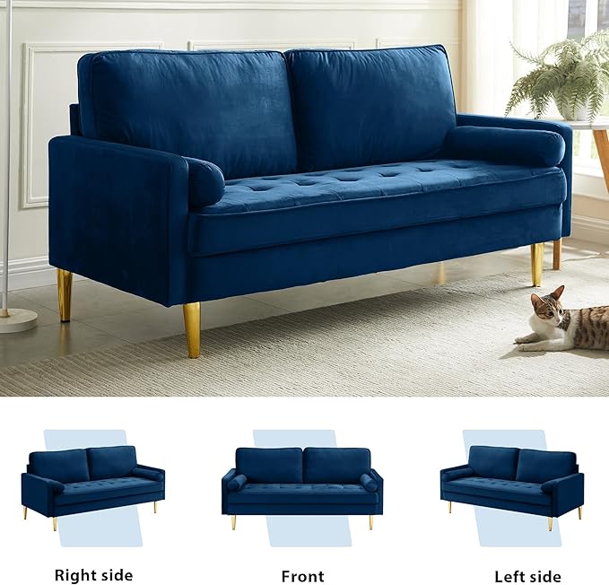 67 Modern Velvet Loveseat Sofa Couch Mid-Century Tufted Upholstered Small Love Seat Couch with 2 Pillows &amp 4 Golden Legs 2-Seats Couches for Compact Space Living Room Apartment (Navy)