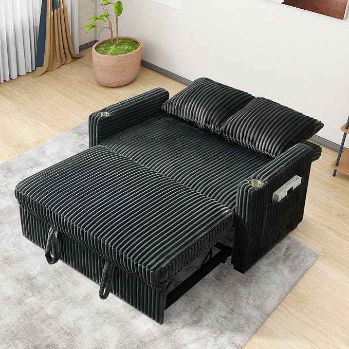 Hommoo Sleeper Sofa Couch with Pull Out Bed Convertible 3 in 1 Futon Lounge Sofa Small Love Seat for Living Room Apartment Comfy Corduroy Reclining Back with Cup Holder and USB Ports 53 Grey