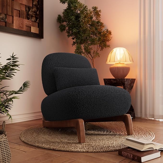 Morden Fort Sherpa Boucle Chair Single Tilted Modern Wood Chair with Thick Cushion Comfortable Lumbar Pillow Armless Reading Accent Chair Compatible with Sofa Set Couch for Living Room Black